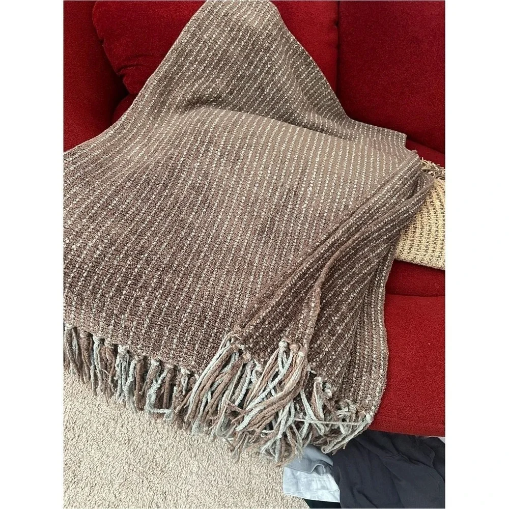 Restoration Hardware 5lb Brown and Blue Chenille Woven Fringe Throw